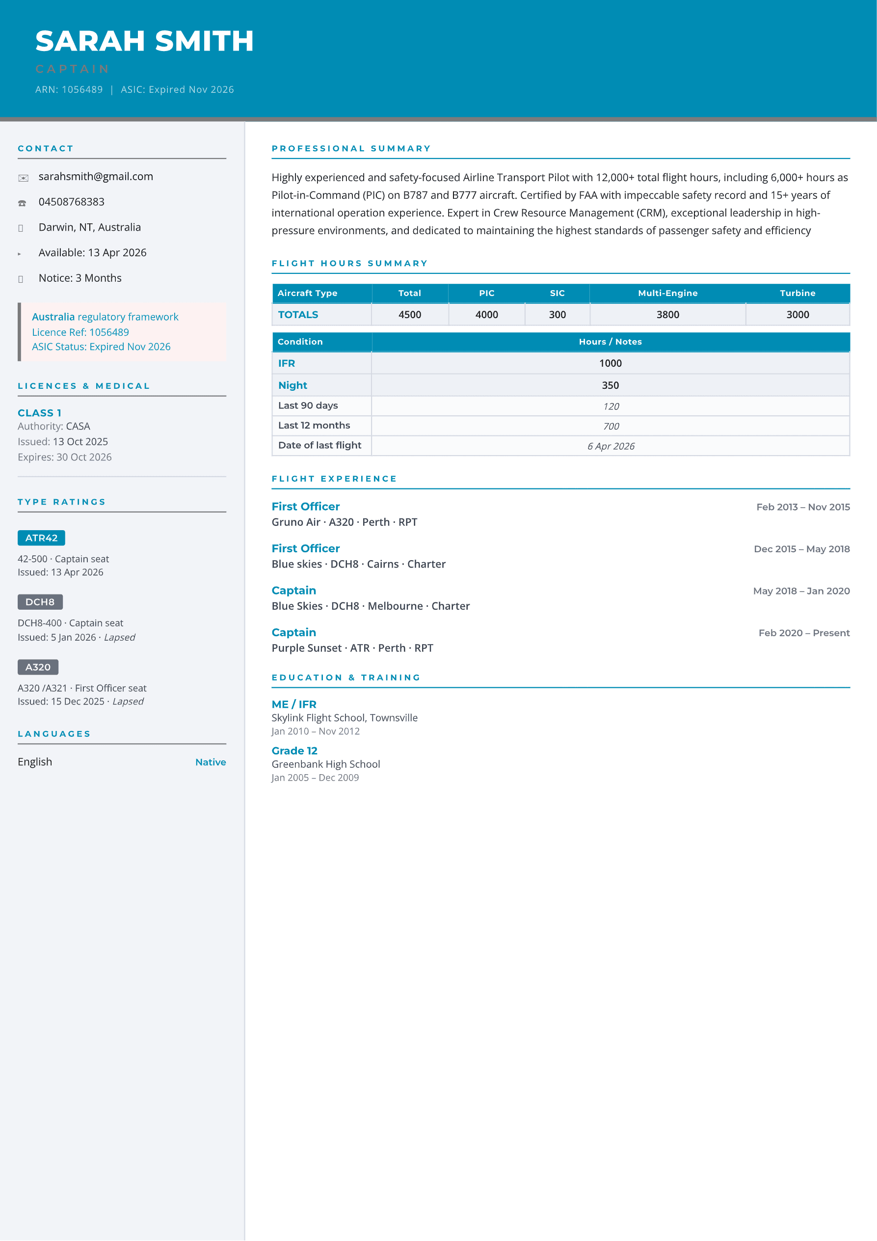 Example pilot CV showing flight hours summary, type ratings, and flight experience